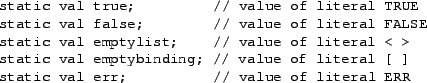 \begin{table}{\small\begin{verbatim}static val true; // value of literal TRUE
...
...f literal [ ]
static val err; // value of literal ERR\end{verbatim}}
\end{table}